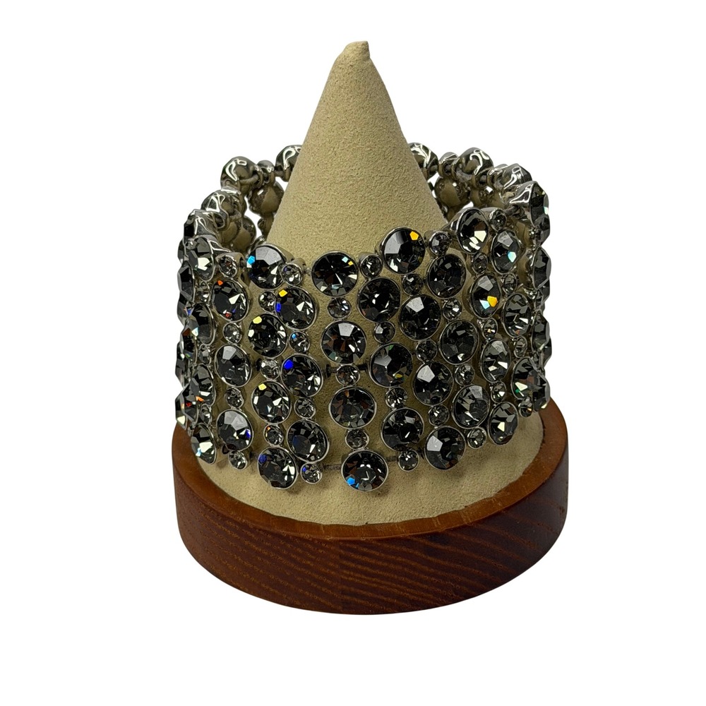 Smoke Gray Crystal Wide Stretch Cuff Statement Bracelet Silver Tone Rhinestone